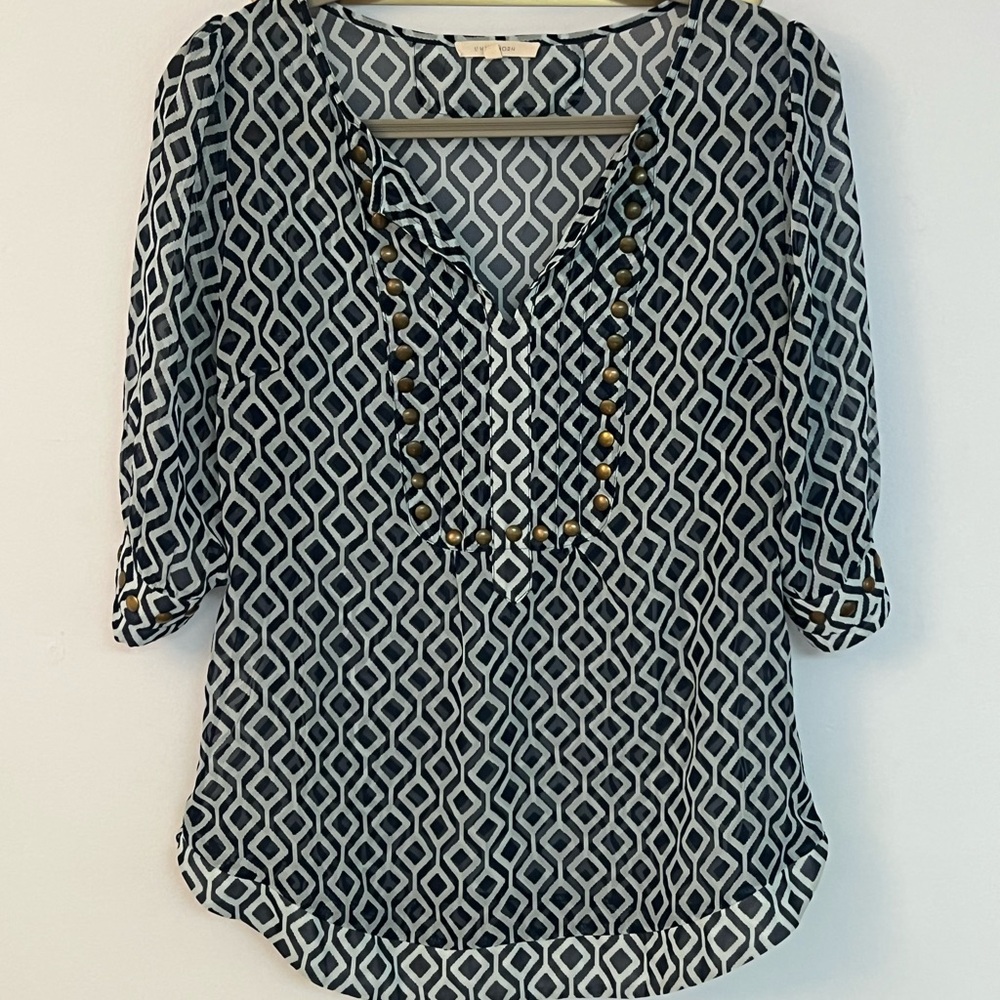 41 Hawthorn Blue Geometric Blouse with Gold detailing